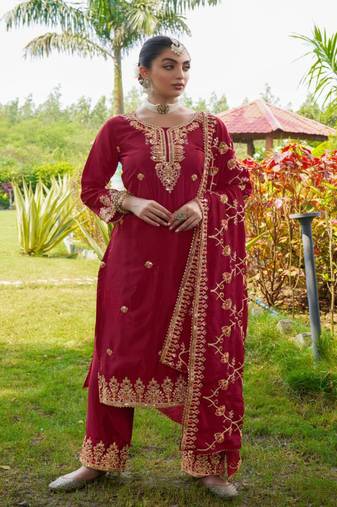 Women's Red Heavy Chinon Suit With Sequence Embroidered Work