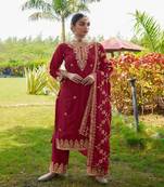 Women's Red Heavy Chinon Suit With Sequence Embroidered Work