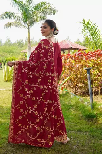 Women's Red Heavy Chinon Suit With Sequence Embroidered Work