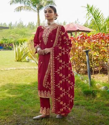 Women's Red Heavy Chinon Suit With Sequence Embroidered Work 3