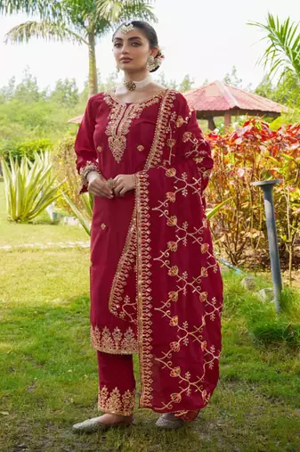 Women's Red Heavy Chinon Suit With Sequence Embroidered Work