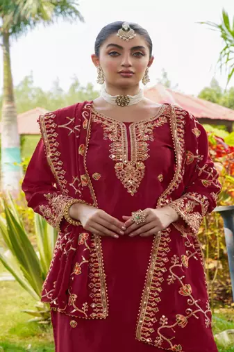 Women's Red Heavy Chinon Suit With Sequence Embroidered Work