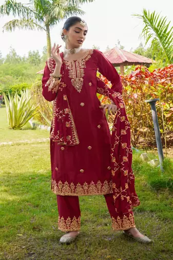 Women's Red Heavy Chinon Suit With Sequence Embroidered Work