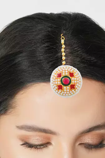 Brass gold meenakari pearl maang tikka