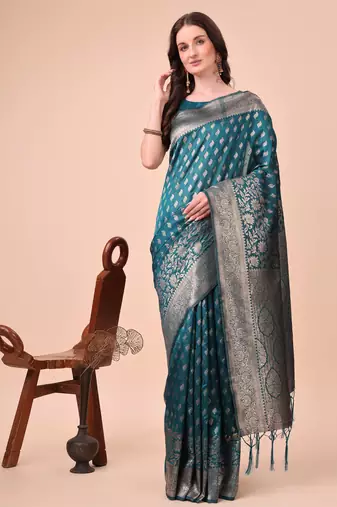 Turquoise lichi silk blend woven zari work tassel saree