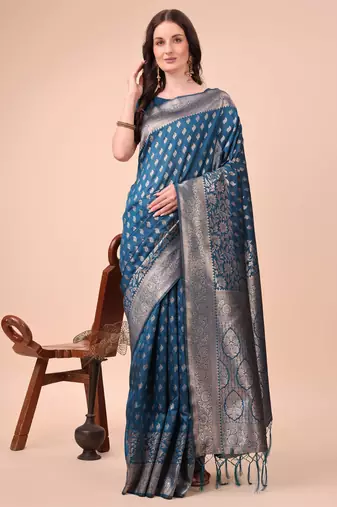 Blue lichi silk blend woven zari work tassel saree
