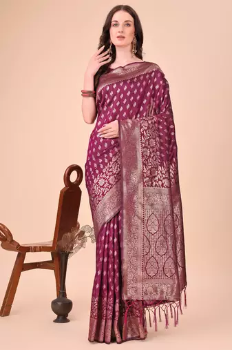 Purple lichi silk blend woven zari work tassel saree