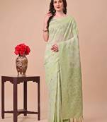 Light green linen cotton woven zari work tassel saree
