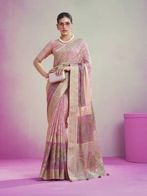 Baby pink poly viscose georgette geometric designer saree 1