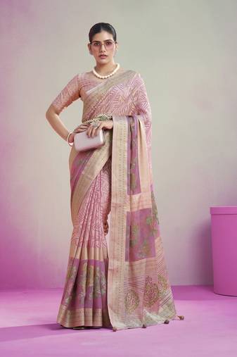 Baby pink poly viscose georgette geometric designer saree