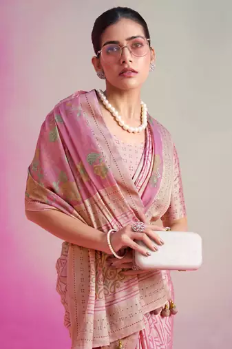 Baby pink poly viscose georgette geometric designer saree