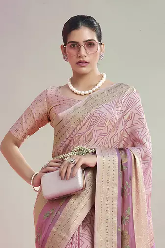 Baby pink poly viscose georgette geometric designer saree