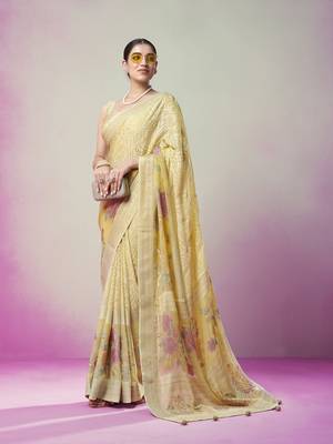 Yellow poly viscose georgette geometric designer saree 1