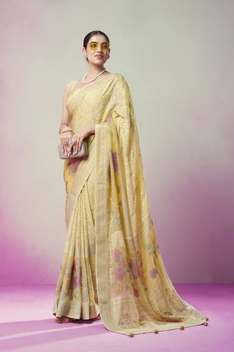 Yellow poly viscose georgette geometric designer saree