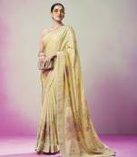 Yellow poly viscose georgette geometric designer saree