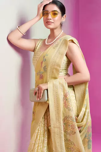 Yellow poly viscose georgette geometric designer saree