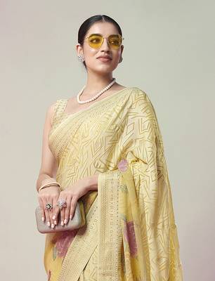 Yellow poly viscose georgette geometric designer saree 3