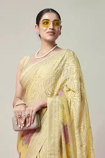 Yellow poly viscose georgette geometric designer saree