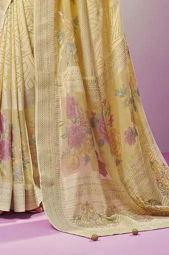 Yellow poly viscose georgette geometric designer saree