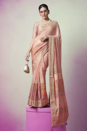 Peach poly viscose georgette geometric designer saree