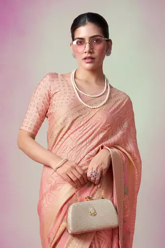 Peach poly viscose georgette geometric designer saree