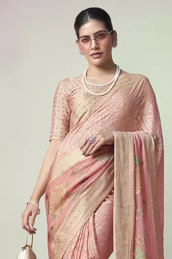 Peach poly viscose georgette geometric designer saree