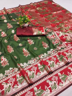 Olive woven art silk blend saree with blouse 1