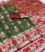 Olive woven art silk baluchari banarasi saree with blouse