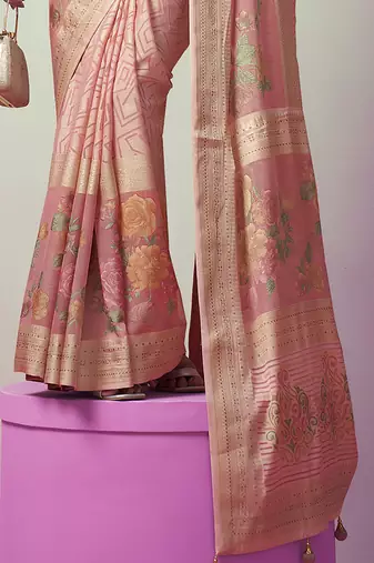 Peach poly viscose georgette geometric designer saree