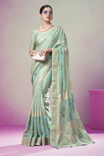 Sea green poly viscose georgette geometric designer saree