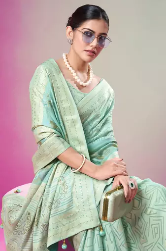 Sea green poly viscose georgette geometric designer saree