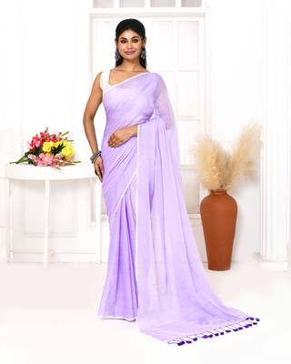 Lavender mulmul cotton saree with tassels 1