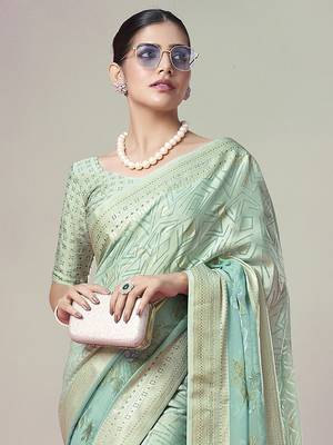Sea green poly viscose georgette geometric designer saree 3