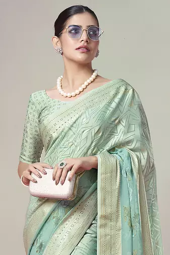 Sea green poly viscose georgette geometric designer saree