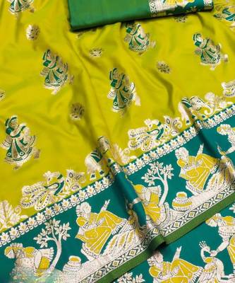 Lime woven art silk blend saree with blouse 2