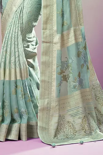 Sea green poly viscose georgette geometric designer saree