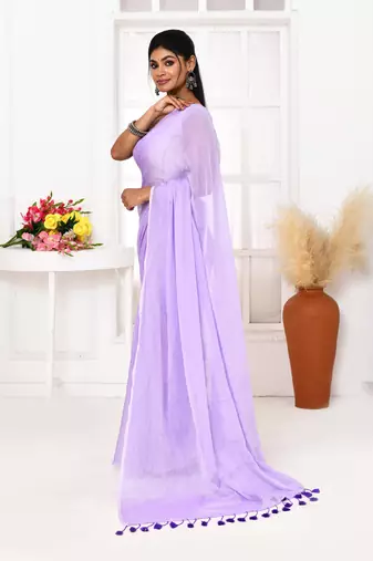 Lavender mulmul cotton saree with tassels