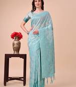 Sky blue linen cotton woven zari work tassel saree