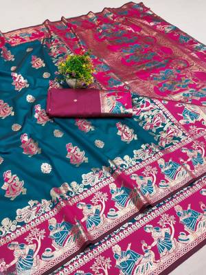 Firozi woven art silk baluchari banarasi saree with blouse 1