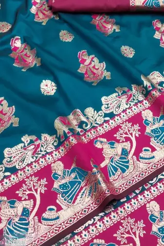 Firozi woven art silk blend baluchari banarasi saree with blouse