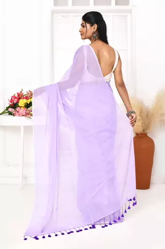 Lavender mulmul cotton saree with tassels