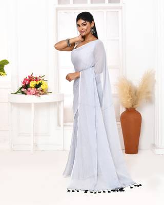 Silver blue mulmul cotton saree with tassels 1
