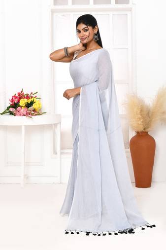 Silver blue mulmul cotton saree with tassels