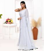 Silver blue mulmul cotton saree with tassels