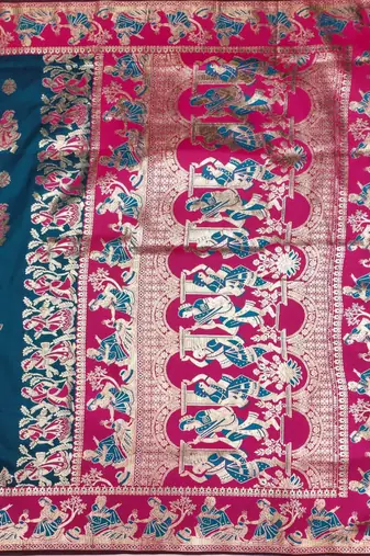 Firozi woven art silk blend baluchari banarasi saree with blouse