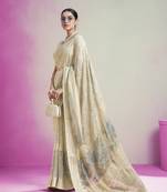 Cream poly viscose georgette geometric designer saree