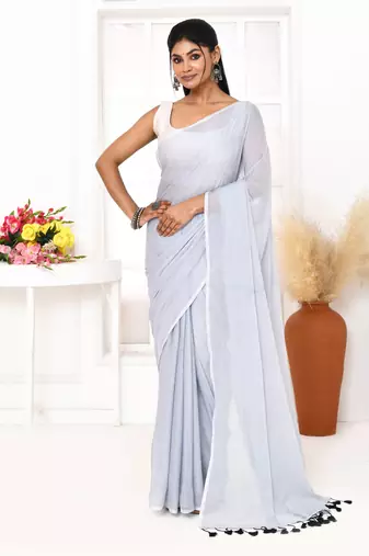 Silver blue mulmul cotton saree with tassels