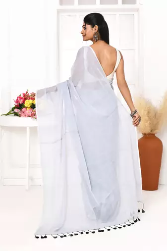 Silver blue mulmul cotton saree with tassels