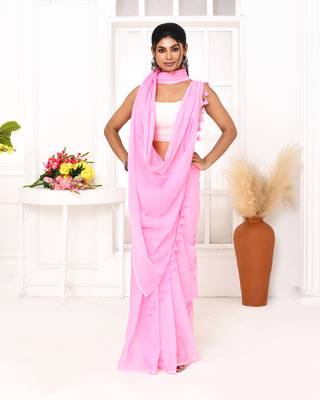 Pink mulmul cotton saree with tassels 1