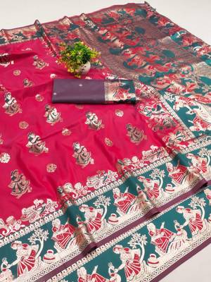 Pink woven art silk blend saree with blouse 1